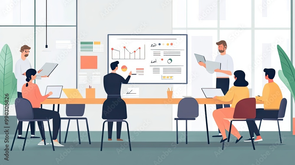 Poster business team meeting and presentation with data visualization