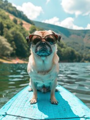 A dog wearing sunglasses sits on a paddleboard. AI.