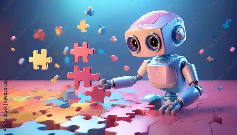 Poster a colorful robot assembling puzzle pieces in a vibrant setting, showcasing creativity and technology