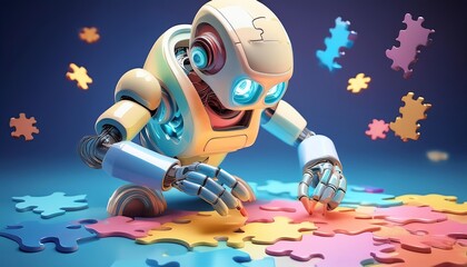 A playful robot assembling colorful puzzle pieces against a vibrant background, showcasing creativity and technology in harmony.