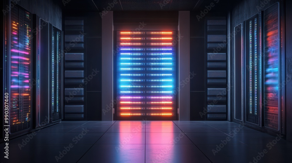 Poster modern rack led console in server room data center. generative ai.