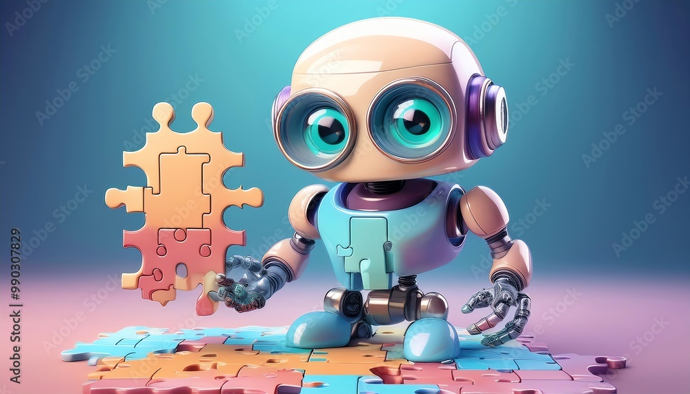 Poster a cheerful robot holding a puzzle piece, surrounded by colorful puzzle pieces on a vibrant backgroun