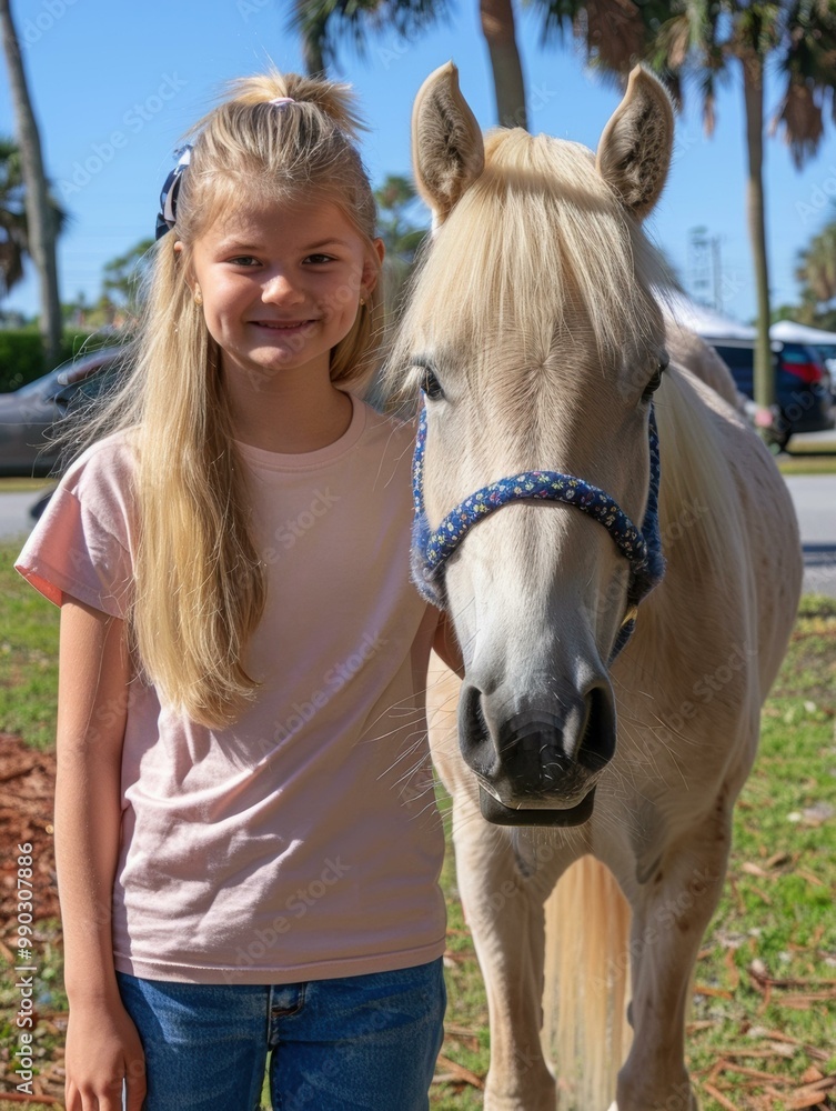 Poster A young girl smiles next to a horse. AI.