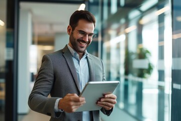 happy male businessman in glasses holding a tablet in the office, business, and education concepts for websites, blogs, advertising, or presentations. Generative AI