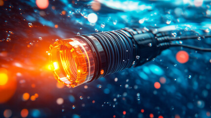 futuristic high-tech submarine fiber optic cable displayed in vibrant detail, symbolizing global connectivity, technological advancements, and the seamless transmission of information across vast ocea