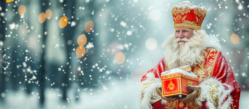Ded moroz dressed in a red suit with gold trim, is holding a gift box covered with snow, with a snowy forest in the background with copy space. Santa claus congratulates with New Year