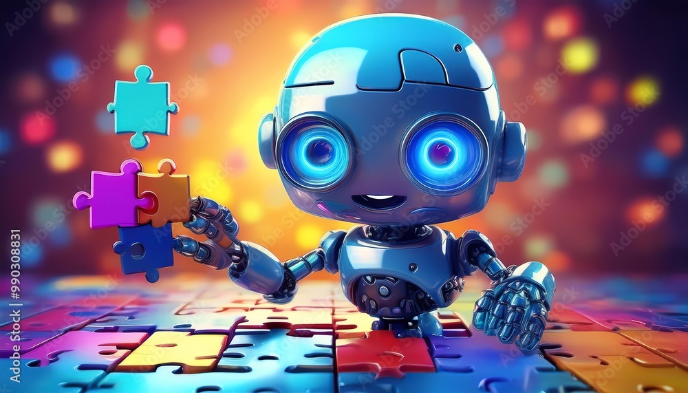 Poster a vibrant robot holding colorful puzzle pieces against a bright, sparkling background, symbolizing c