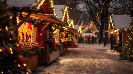 Wooden christmas market stalls decorated with festive lights, garlands and ornaments, with people walking on a snowy evening blurred background with copy space. Happy new year and merry christmas