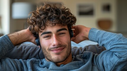 Obraz premium A young man relaxes on a couch while listening to music with headphones. AI.