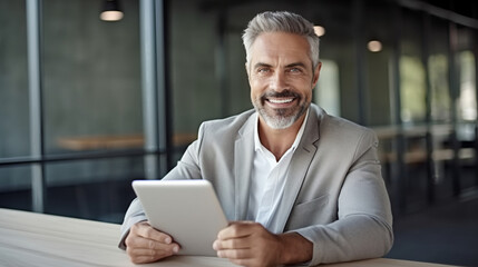 A handsome middle-aged man wearing a light-colored casual is sitting at the conference table, holding an iPad and smiling happily, with gray hair.