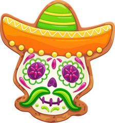 Mexican Dead Day calavera skull cookie in sombrero for Dia de Los Muertos holiday, vector cartoon biscuit. Mexican funny calavera skull cookie with caramel mustaches and candy sombrero for Day of Dead