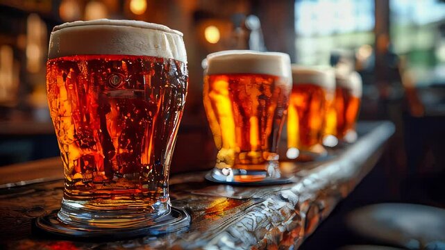 Craft beer in frosty glasses with rich amber hues and a foamy head, perfectly lined up on a rustic wooden bar in a cozy pub setting