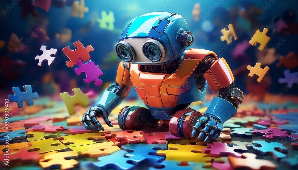 Poster a colorful robot engages with scattered puzzle pieces, showcasing a playful interaction between tech