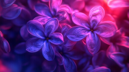 Delicate purple flowers are beautifully blooming, illuminated by soft, colorful light, creating a dreamy atmosphere with a blurred, abstract backdrop