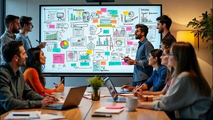 Creative team brainstorming with digital whiteboard Generated with AI