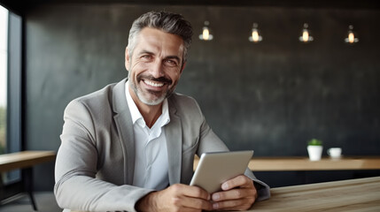 A handsome middle-aged man wearing a light-colored casual is sitting at the conference table, holding an iPad and smiling happily, with gray hair.