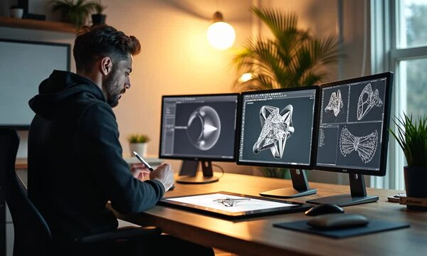 Designer creating a 3D model on digital tablet Generated with AI