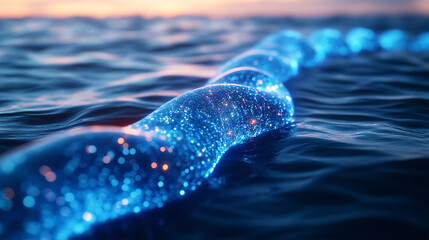 futuristic high-tech submarine fiber optic cable displayed in vibrant detail, symbolizing global connectivity, technological advancements, and the seamless transmission of information across vast ocea