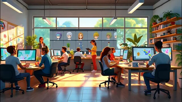 Team of animators working on a project, creative studio, relaxed atmosphere, bright lighting Generated with AI