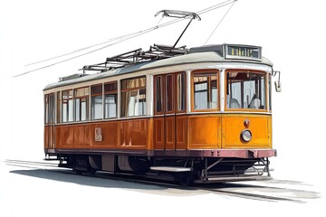 Fototapeta premium An lonely old tram graphic on a white backdrop. Generative Ai