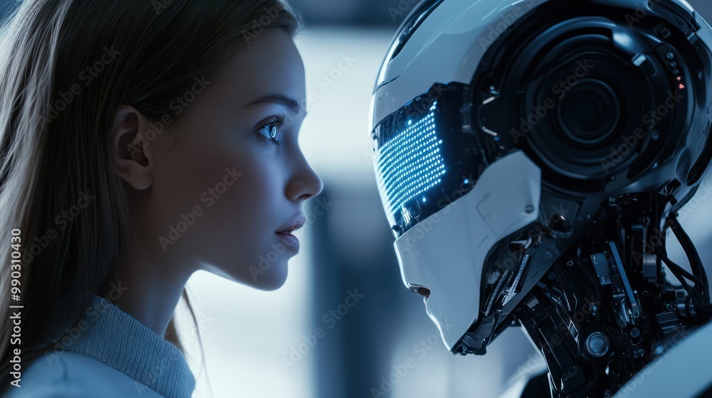 Poster person talking with robotic ai.futuristic technology or machine learning concepts.generative ai tech