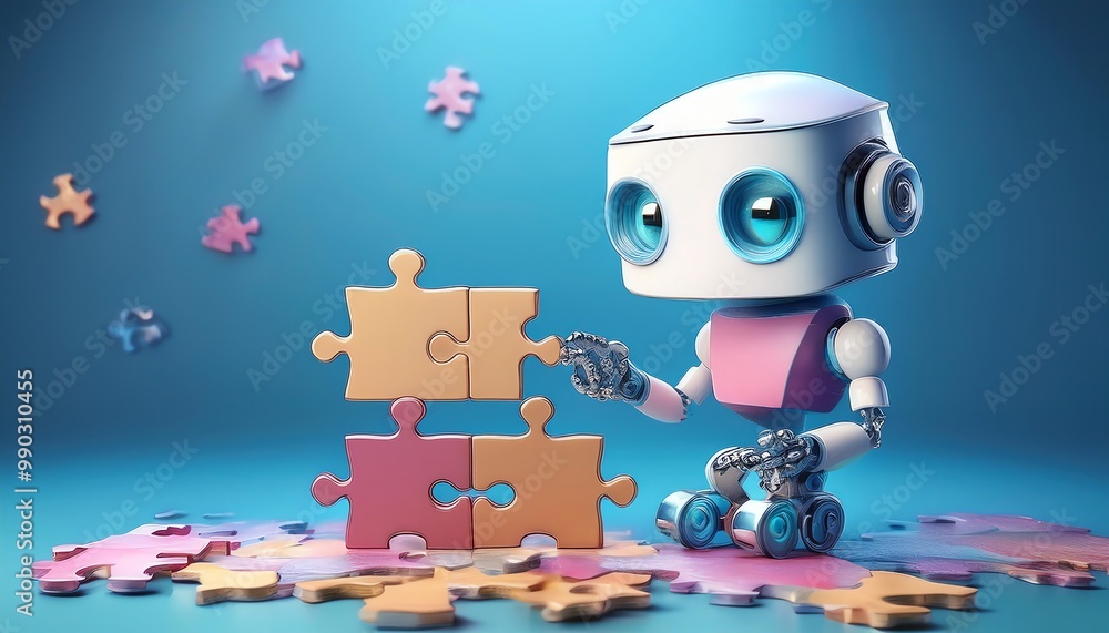 Poster a cute robot assembling colorful puzzle pieces on a playful backdrop, showcasing creativity and tech