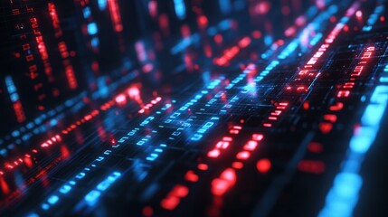 Pixelated digital data stream with binary code encryption concept and glowing red and blue dots.