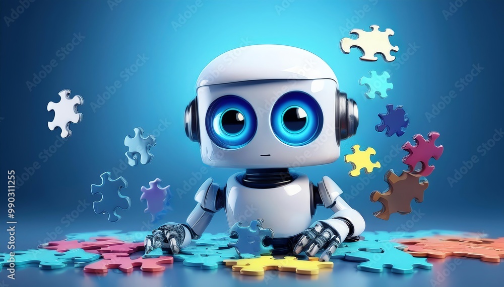 Poster a cute robot assembling colorful puzzle pieces in a playful, futuristic setting.