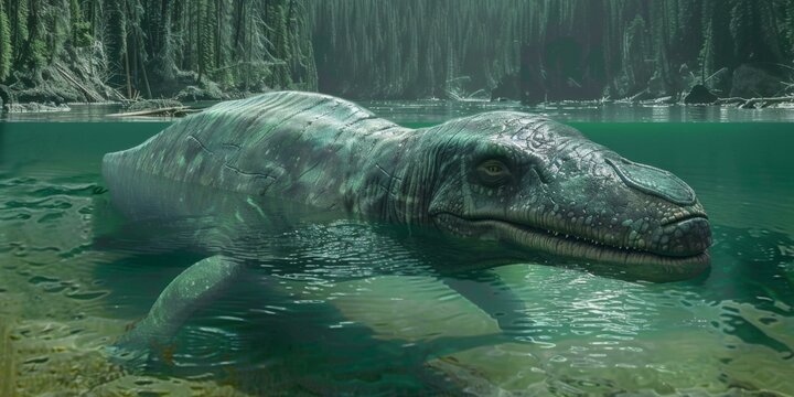 A large dinosaur is swimming in a river surrounded by trees. AI.