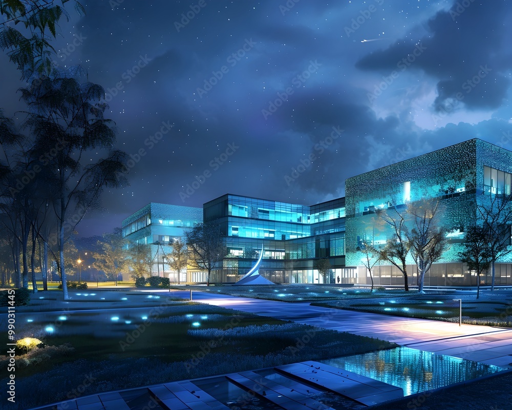 Poster bioluminescent university campus enhancing the learning environment with futuristic architecture