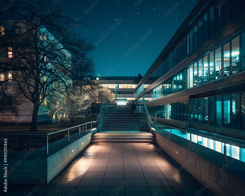 Poster bioluminescent university campus at night with glowing study spaces and lecture halls