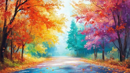 A colorful painting of a country road in autumn, with trees changing colors and leaves falling to the ground.