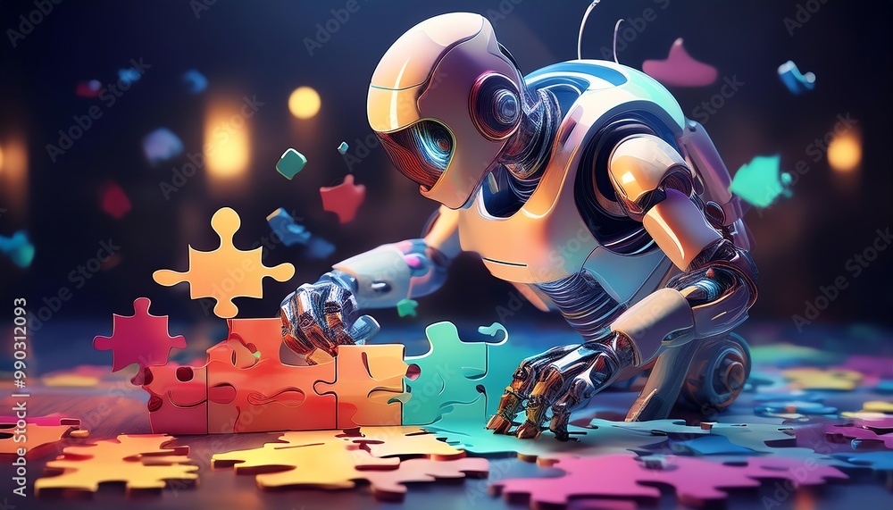Poster a futuristic robot assembling colorful puzzle pieces in a vibrant, abstract setting.