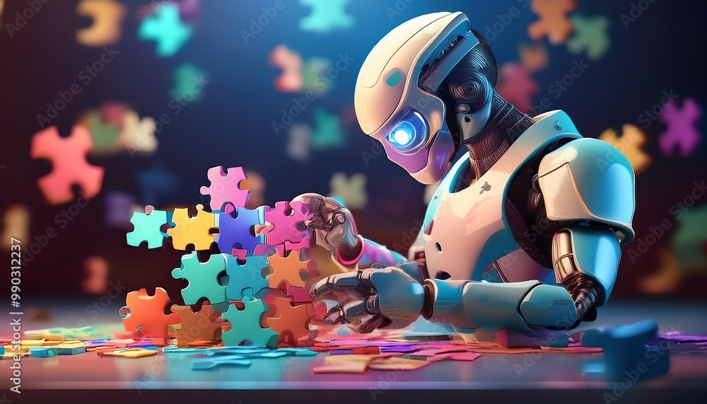 Poster a robot thoughtfully assembles colorful puzzle pieces, showcasing a blend of technology and creativi