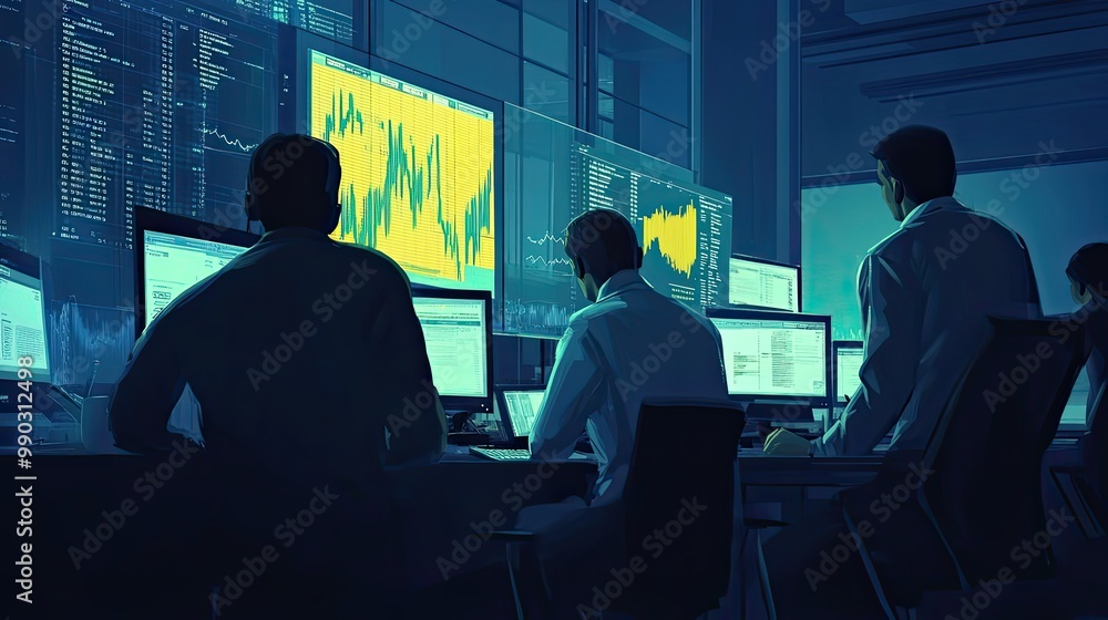 Poster men working late in a dark office, surrounded by monitors displaying data and charts