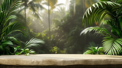 Fototapeta premium Tabletop on jungle background for product presentation. Beige concrete countertop in forest with palm trees. Outdoor mockup for cosmetics design