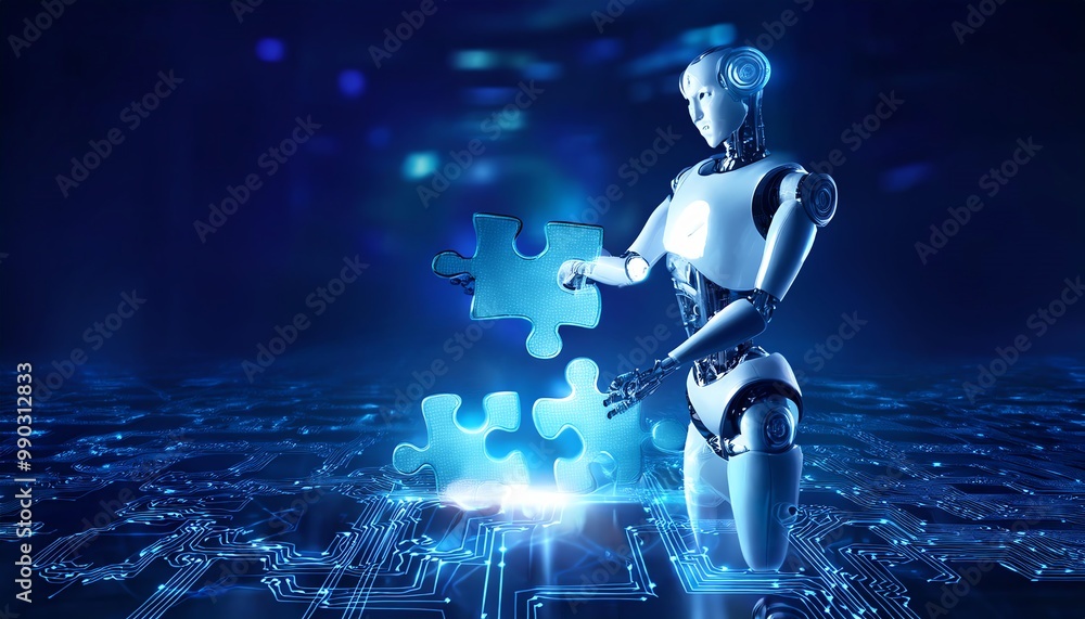 Poster a futuristic robot is assembling a glowing puzzle piece against a backdrop of digital circuitry, sym