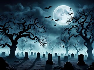 Dense fog obscures the ground, with bats flying past a glowing moon, creating a spooky vibe