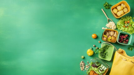 Fototapeta premium A green background with a lunch bag and lunchbox, filled with yummy food. There's room to add some text.