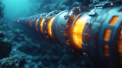 futuristic high-tech submarine fiber optic cable displayed in vibrant detail, symbolizing global connectivity, technological advancements, and the seamless transmission of information across vast ocea