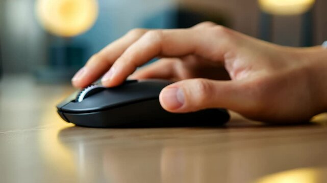 A hand uses a computer mouse on a wooden desk