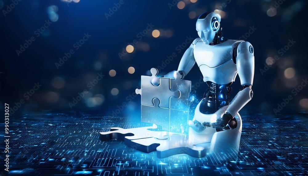 Poster a futuristic robot assembling a digital puzzle piece in a glowing technological environment, symboli