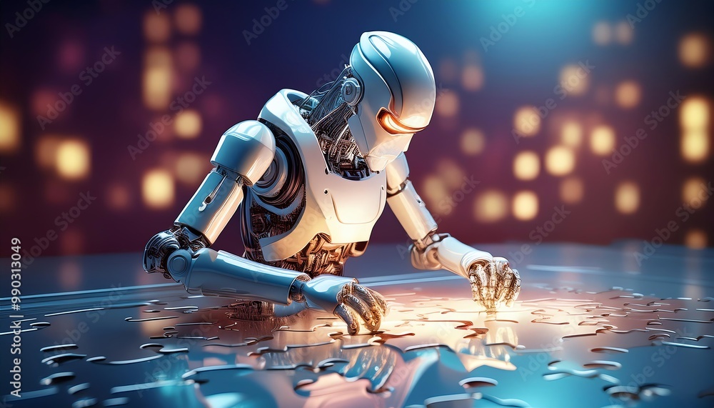 Poster a futuristic robot works intently on completing a jigsaw puzzle, illuminated by soft, ambient lighti