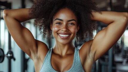 Satisfied female fitness enthusiast, young fit African American woman with afro hair doing exercise at the gym, Happily smiling confident dark skin black girl showing her armpit, Lady biceps Archives