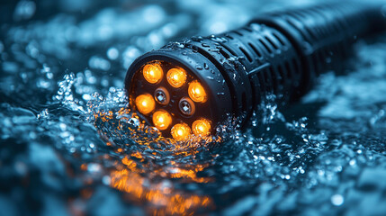 futuristic high-tech submarine fiber optic cable displayed in vibrant detail, symbolizing global connectivity, technological advancements, and the seamless transmission of information across vast ocea