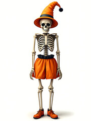 Obraz premium Human Skeleton with Halloween Clown Hat, Wearing Orange Halloween Costume and Shoes on White Background with Rich Colors