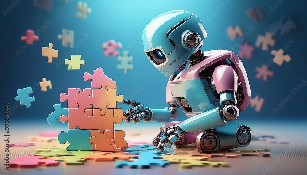 Aufkleber a futuristic robot assembling colorful puzzle pieces in a playful setting, showcasing creativity and