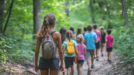 Fototapeta premium A group of enthusiastic children learns about nature on a guided forest trail walk