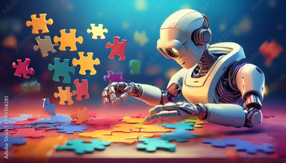 Aufkleber a futuristic robot assembling colorful puzzle pieces, showcasing the intersection of technology and 