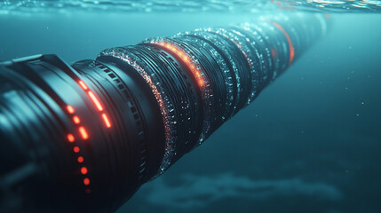 futuristic high-tech submarine fiber optic cable displayed in vibrant detail, symbolizing global connectivity, technological advancements, and the seamless transmission of information across vast ocea
